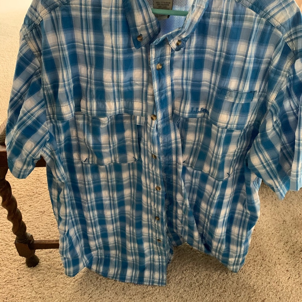 LL Bean plaid button down short sleeve shirt